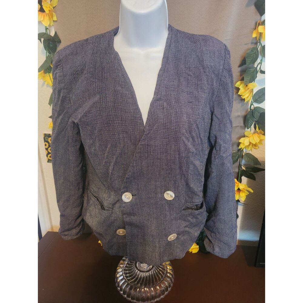 Vintage Jason Prescott Collarless Double Breasted Blazer 6 Navy Houndstooth
